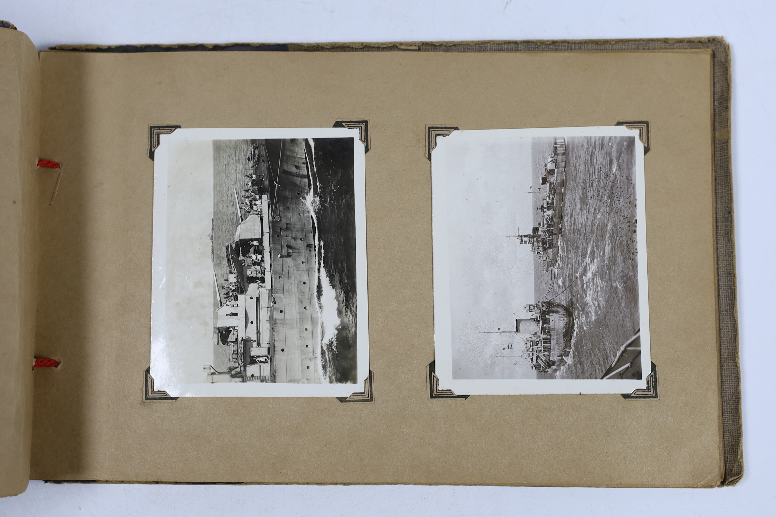 Two photographs albums; an album of early 20th century Middle Eastern travel photographs, together with a 1940s album of mainly naval photographs including war ships and aircraft carriers, some with descriptions on the r